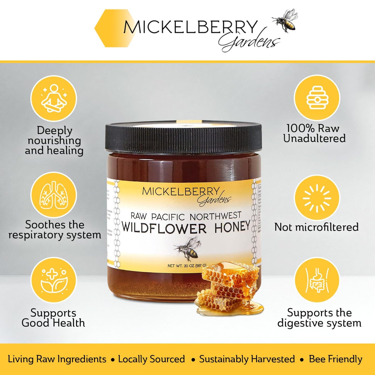 Raw Wildflower Honey - Pure, Unadulterated, Clean, Grade A Strained Honey From The Pacific Northwest (20 Ounces)