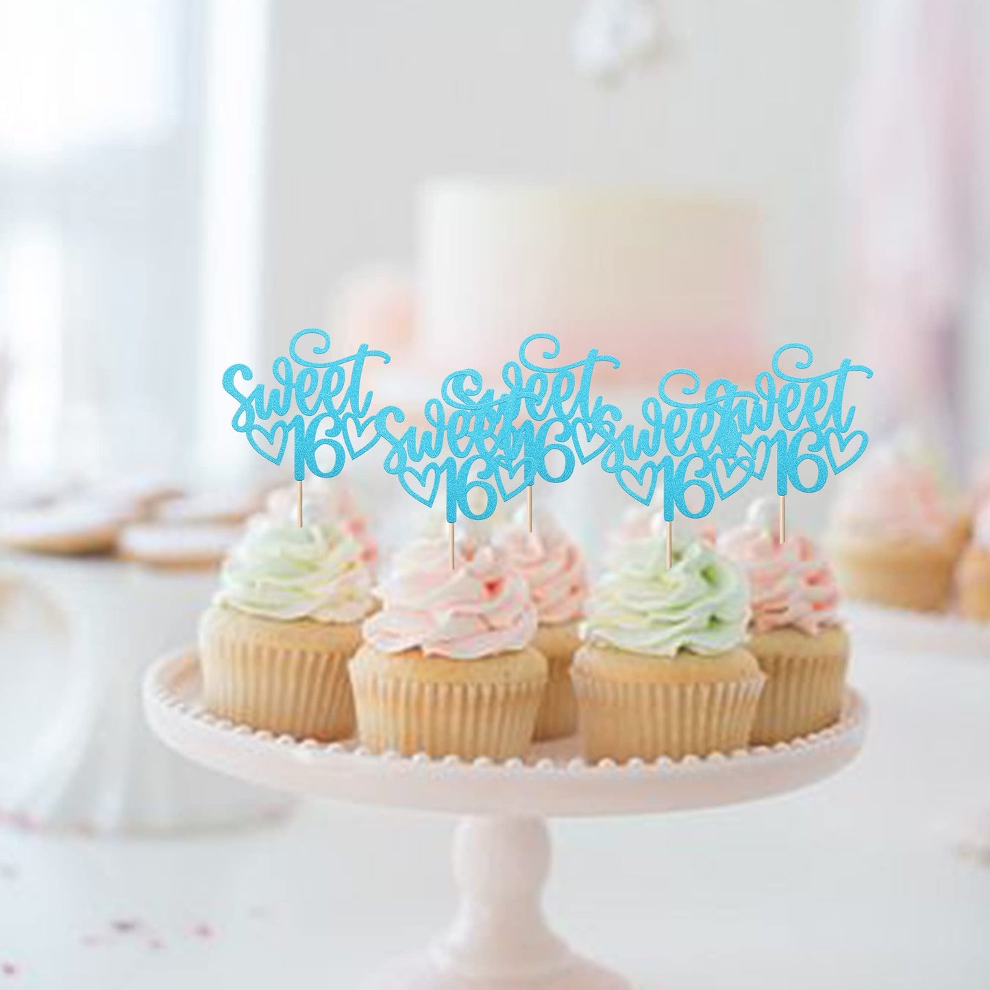 YCTHUNFISH 24 Pack Cupcake Toppers Glitter Sixteen Happy 16th Birthday Decorations Light Blue Bamboo