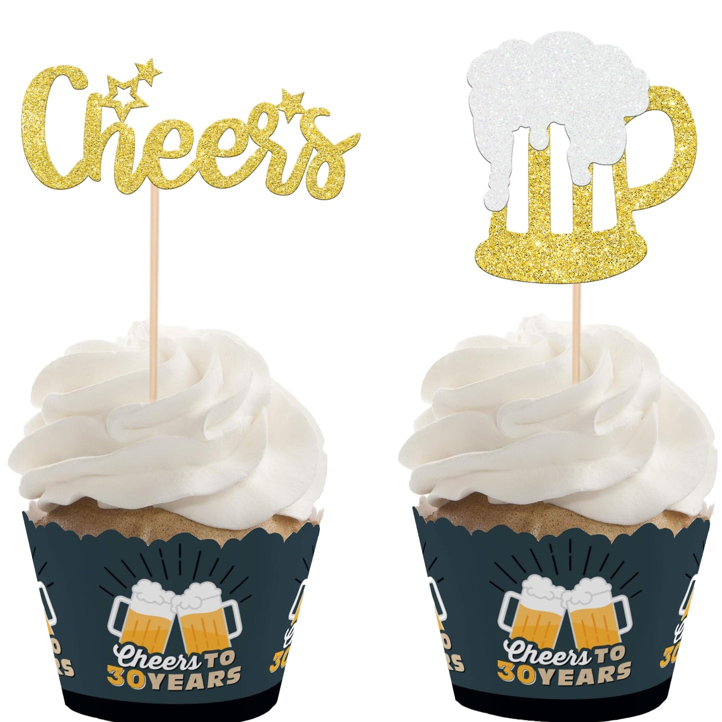 ZHUOWEISM 24 PCS Beer Mug Cupcake Toppers Gold Glitter for Weddings and Parties - Design6