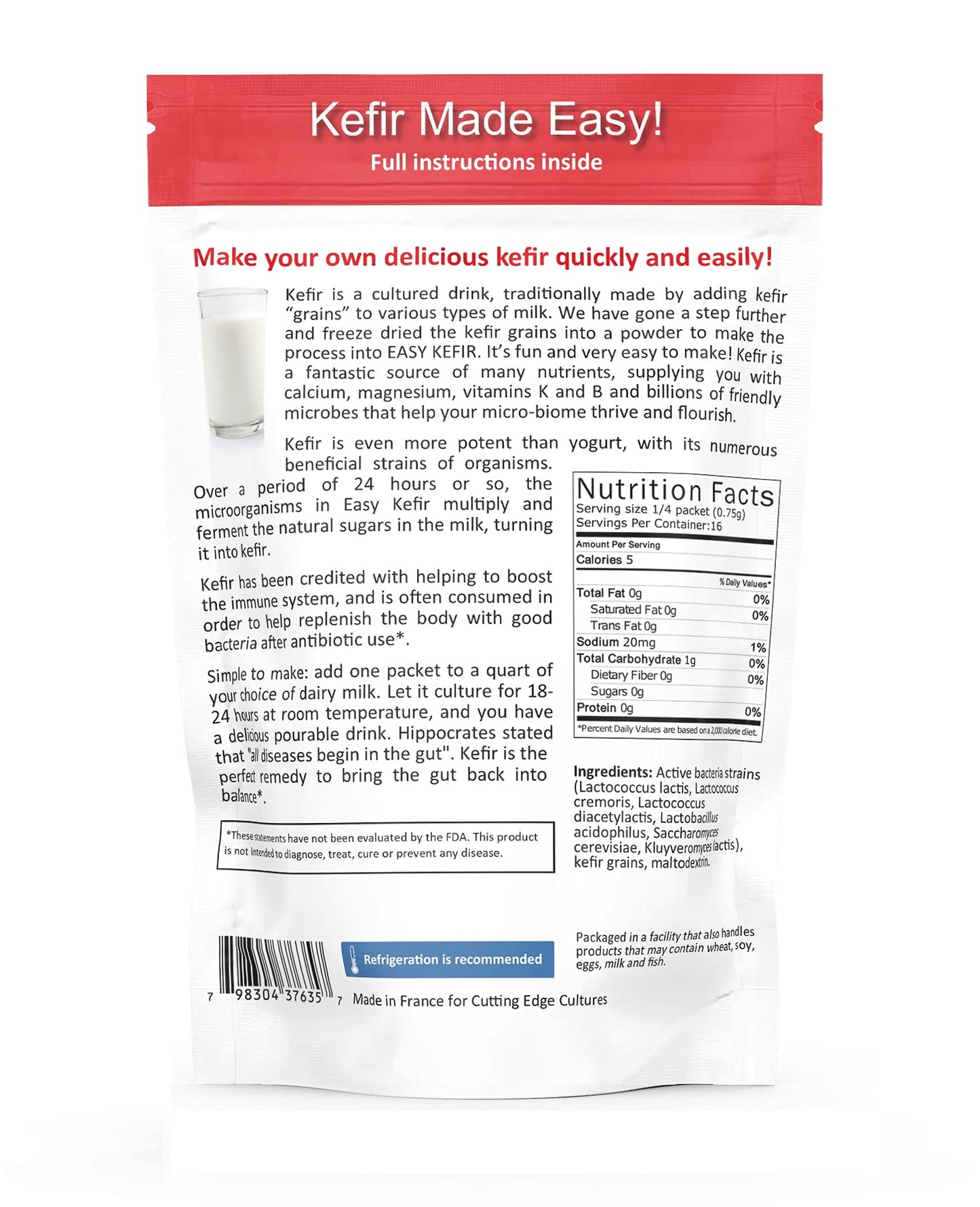 Cutting Edge Cultures Easy Kefir Starter Culture, 4 Pack, 20g, White, Model CEC-Starter-Culture-Kefir-1box