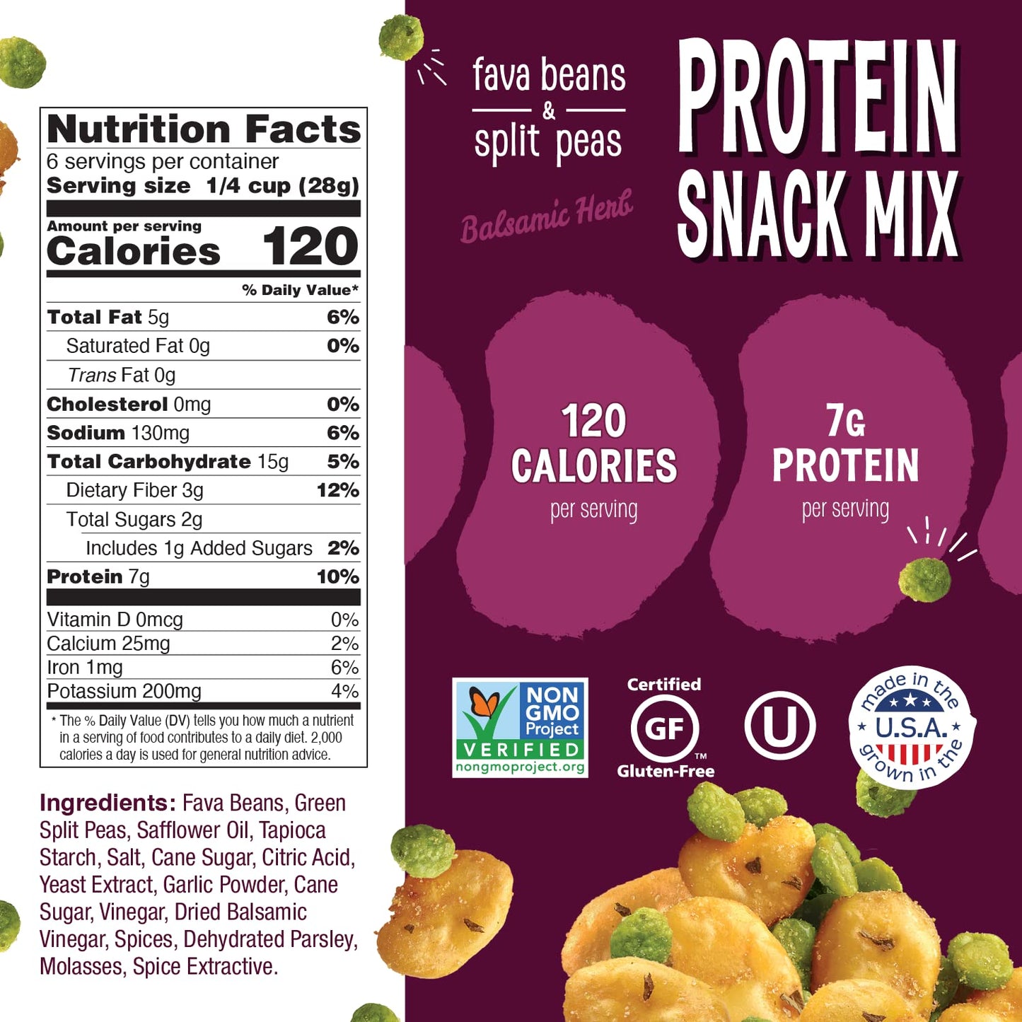 The Good Bean Protein Snack Mix - Balsamic Herb - (6 Pack) 6 Oz Resealable Bag - Fava Beans And Split Peas - Vegan Snack With Go