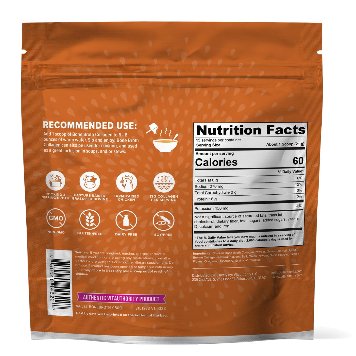 Vitauthority Bone Broth Collagen Chicken Noodle Flavor - 15 Servings - 16g Protein, Types I, II, III