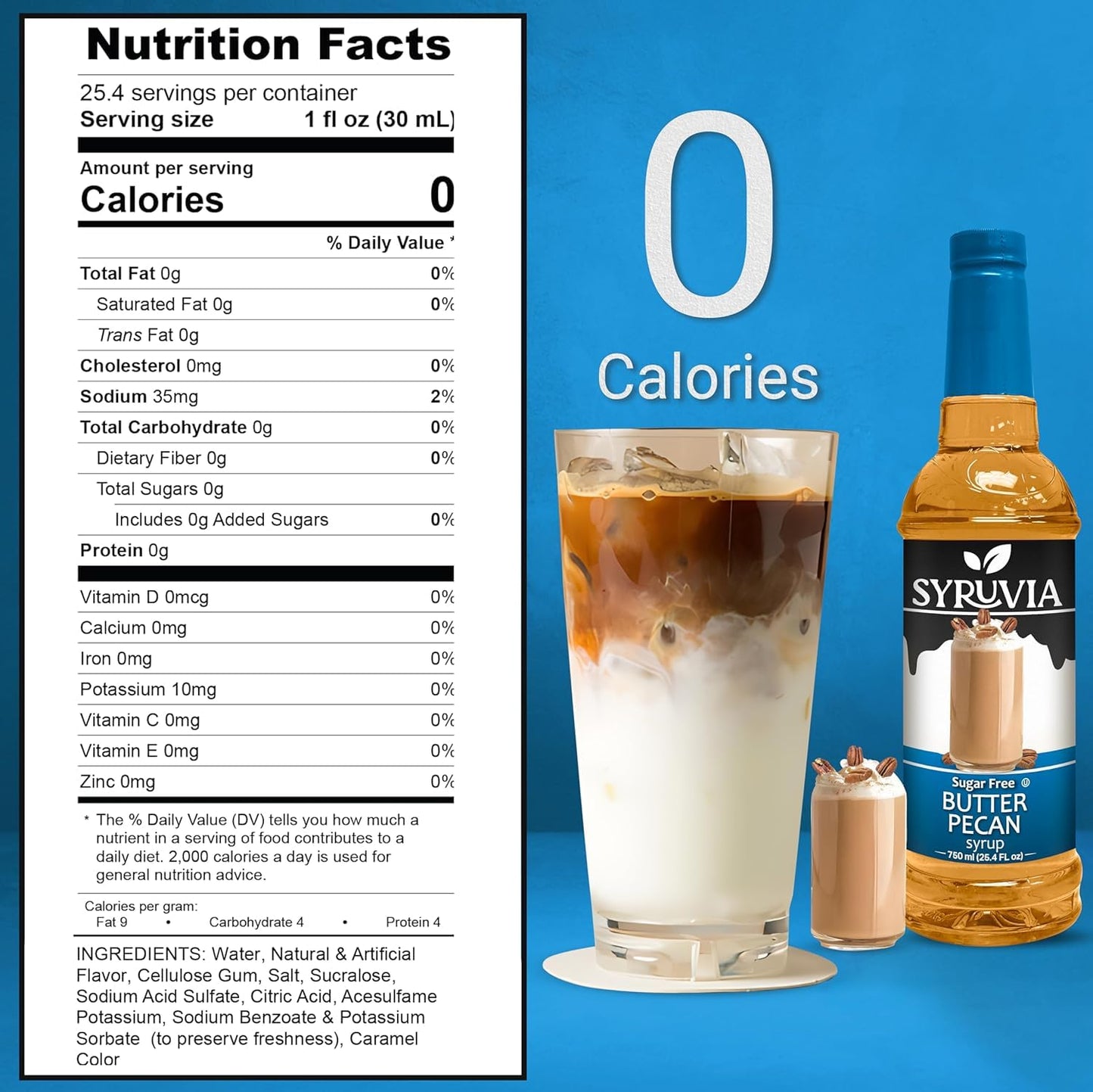 Syruvia Sugar-Free Butter Pecan Coffee Syrup - 25.4 fl oz Premium Coffee Flavoring Syrup - 0 Calorie- Kosher Coffee Syrups, Glut