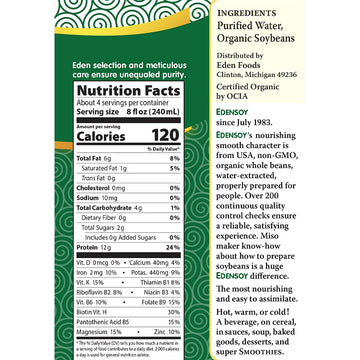 Edensoy Unsweetened Eden Organic Soymilk, Non-GMO, USA Whole Soy (Soya) Milk, Non-Dairy, Vegan, Plain, Shelf Stable, 32 oz