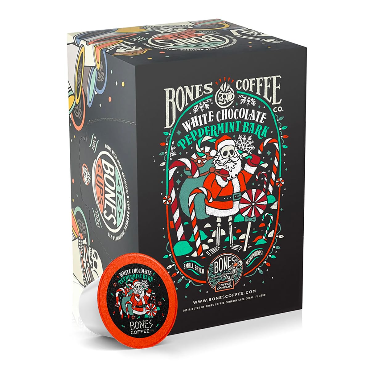 Bones Coffee Company White Chocolate Peppermint Bark Flavored Coffee Pods  Low Acid Medium Roast Single-Serve Bones Cups  Compatible with K-Cups malt-inspired Coffee Maker  12 Count