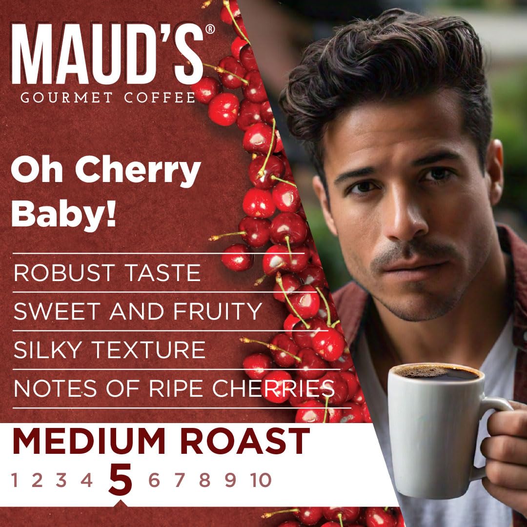 MAUDS Cherry Flavored Coffee Pods, Medium Roast, 50 Count, Compatible with Keurig K Cups, 100% Arabica Beans