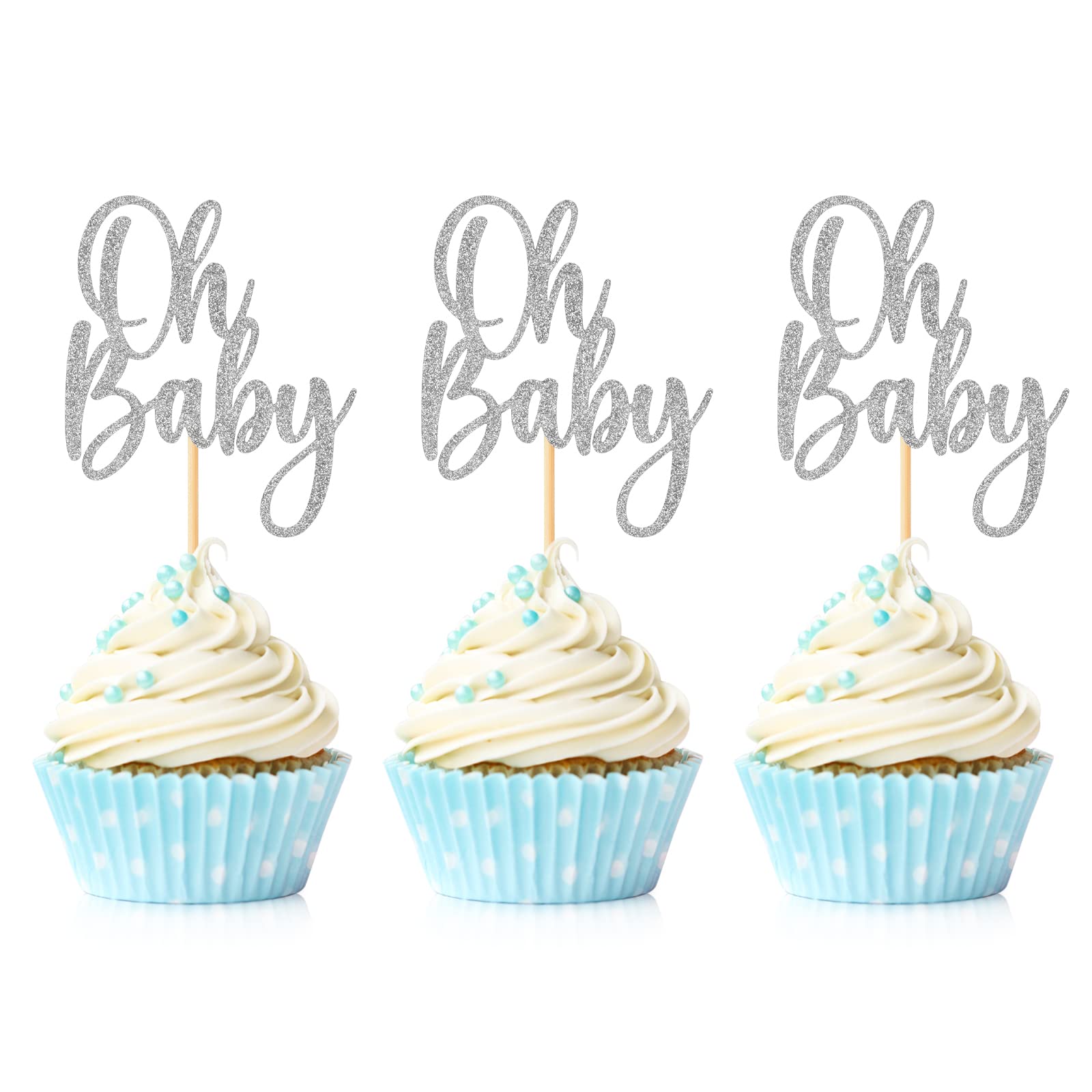 24 Pieces Oh Baby Cupcake Topper Silver Glitter Baby Shower Cake Decorations Boys Girls Birthday Party Supplies