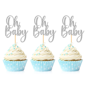 24 Pieces Oh Baby Cupcake Topper Silver Glitter Baby Shower Cake Decorations Boys Girls Birthday Party Supplies