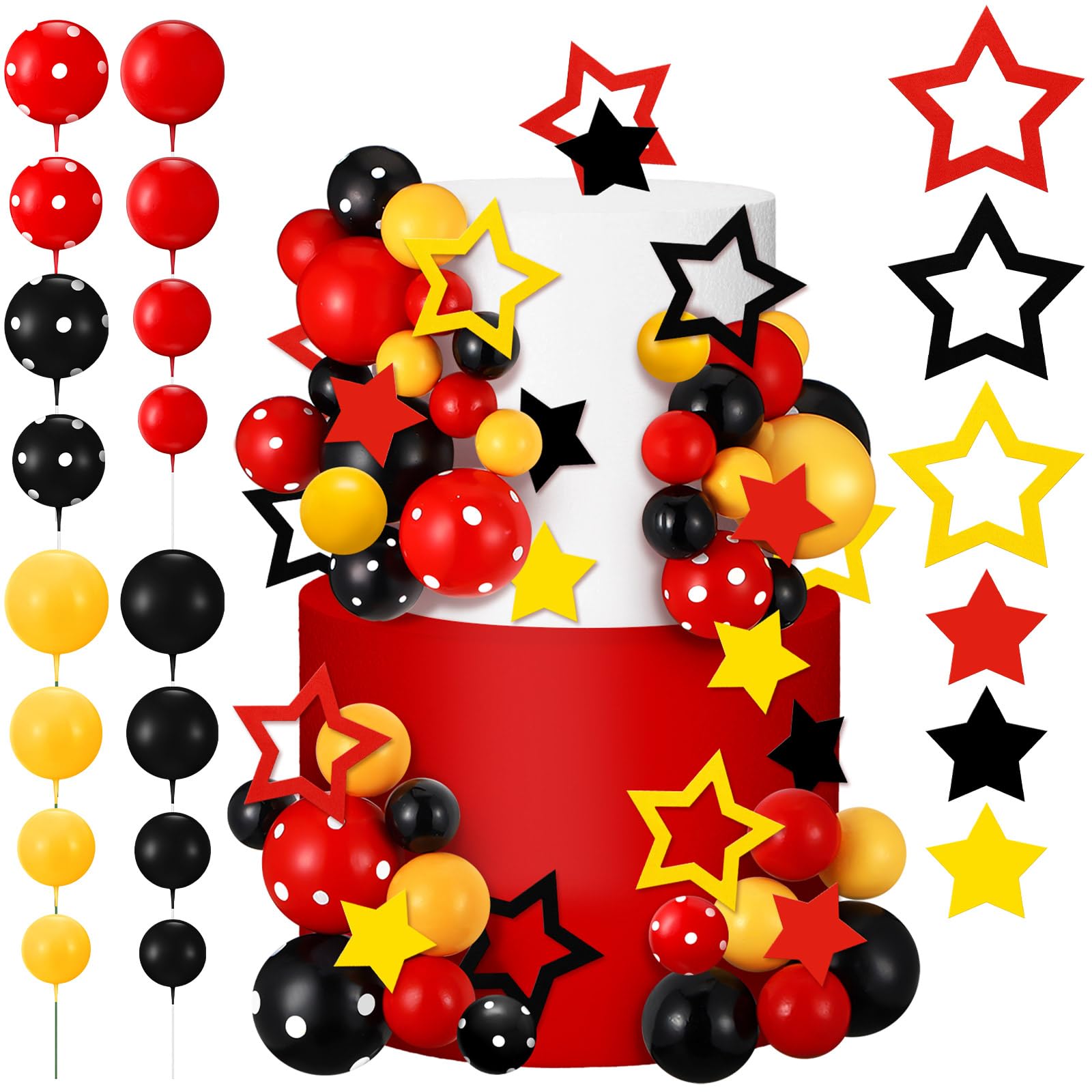 Teenyyou 57 Pcs Cake Topper Set - Black Red Yellow Star Decorations for Birthday, Baby Shower - Various Sizes