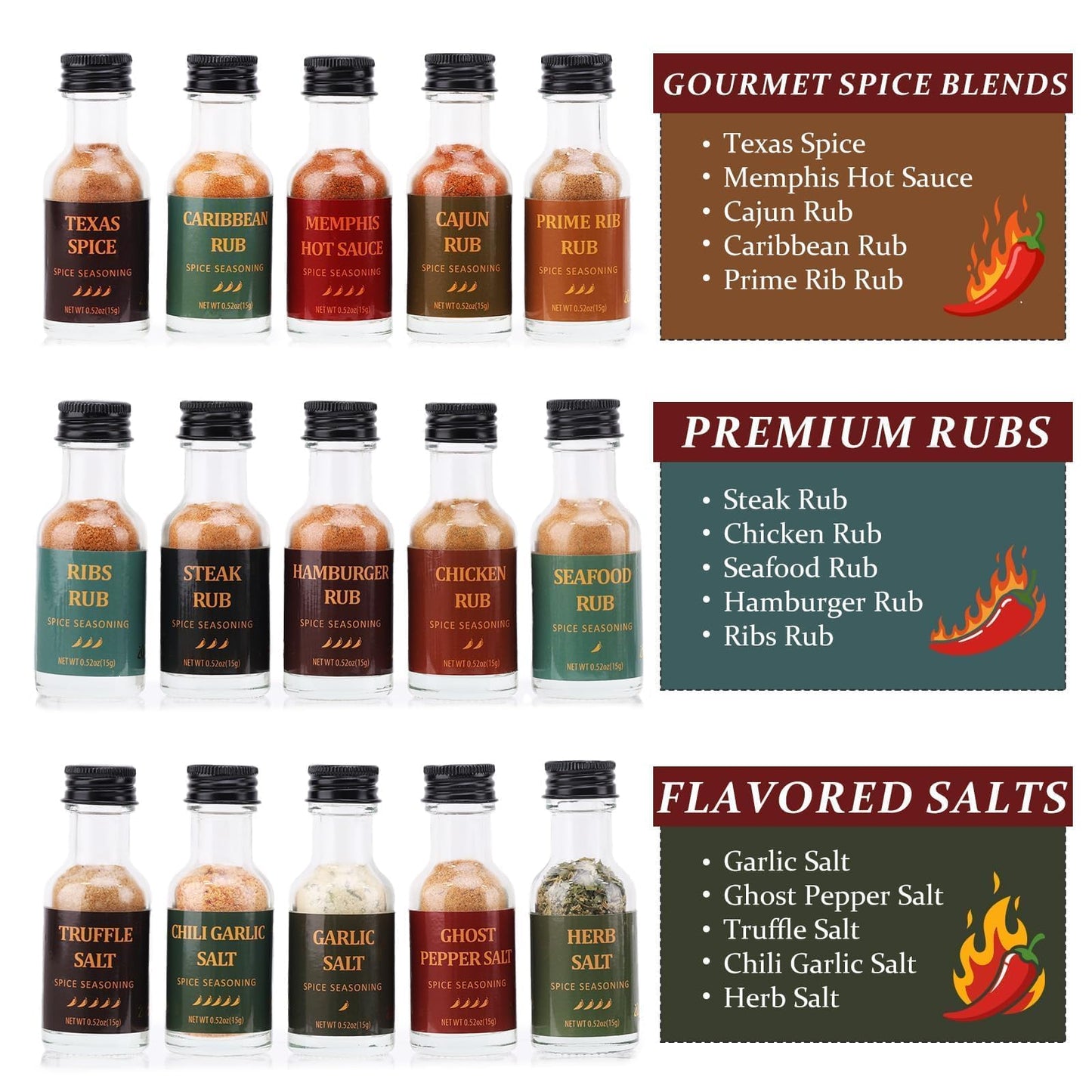 Grilling Seasoning Gift Set-15 Pack Unique Spices And Seasonings Sets For Men, All-Purpose Bbq Spices And Rubs Set For Mens Christmas Gifts Dads, Birthday, Husbands And Housewarming