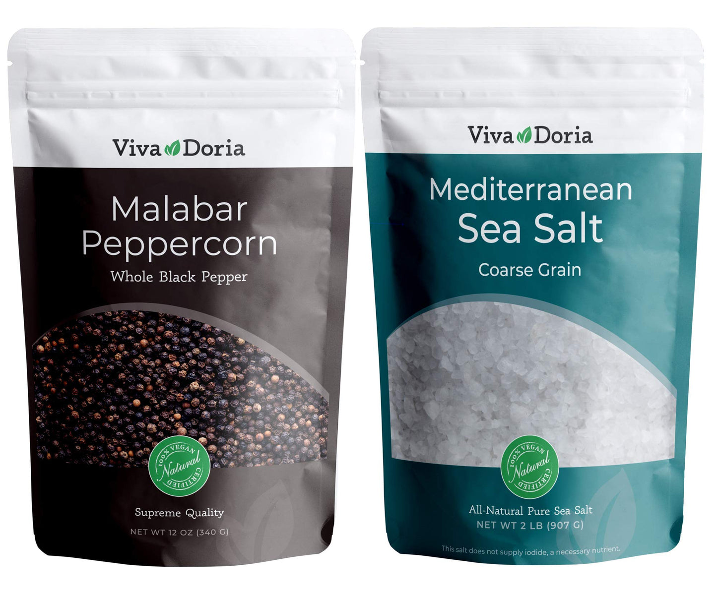 Viva Doria Malabar Peppercorn - Steam Sterilized Whole Black Pepper, 12 Oz Black Peppercorns and Viva Doria Mediterranean Sea Sa