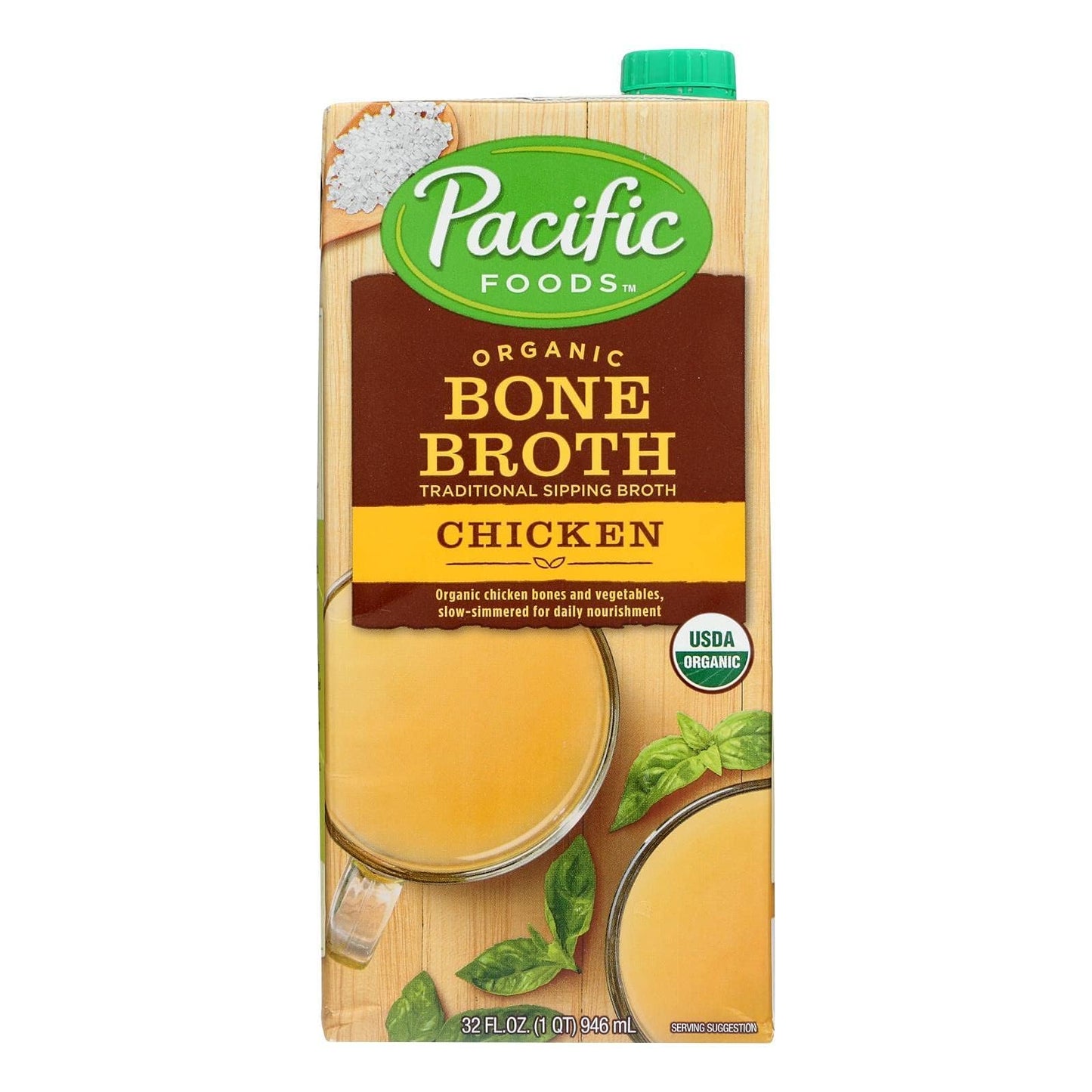 Pacific Foods Organic Chicken Bone Broth, Unsalted, 32 oz Carton, Pack of 12