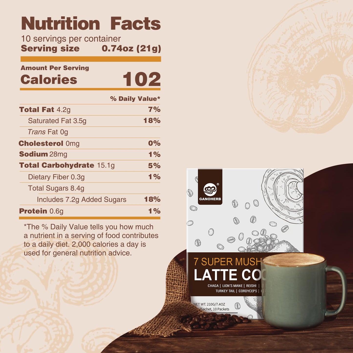 Ganoherb 7 In 1 Mushroom Coffee Mix, Instant Latte Coffee Blend Nootropic Cafe Complex With Reishi, Lions Mane, Chaga, Turkey Ta