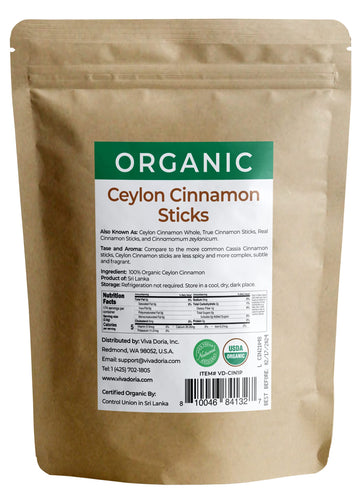 Viva Doria Organic Ceylon Cinnamon Sticks, 5'' Cut, Alba Grade, True Cinnamon, 16 Oz, | 70-75 Sticks | 100% Raw From Sri Lanka