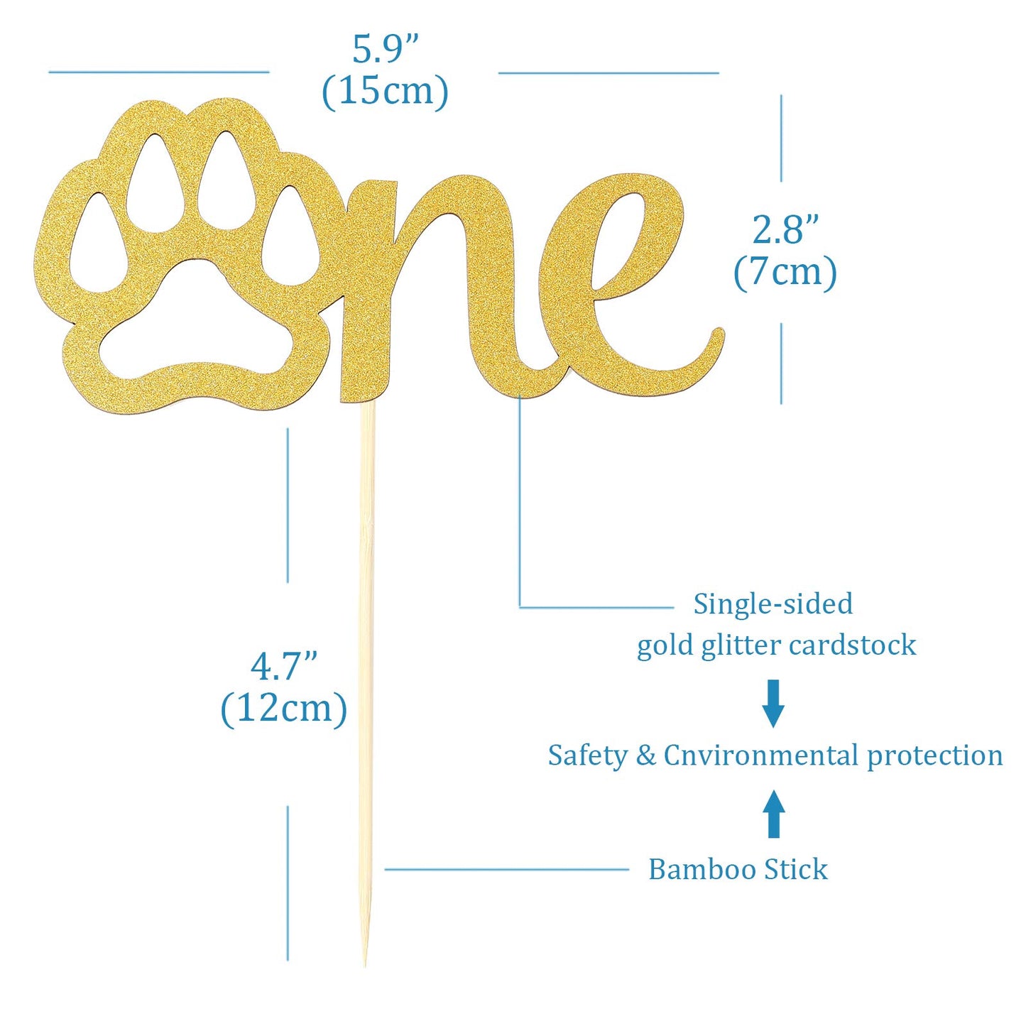 Gold Paw One Cake Topper - Golden Glitter Cardstock 1st Birthday Cake Smash Party Decoration Supplies for Baby, Single Sided Dog