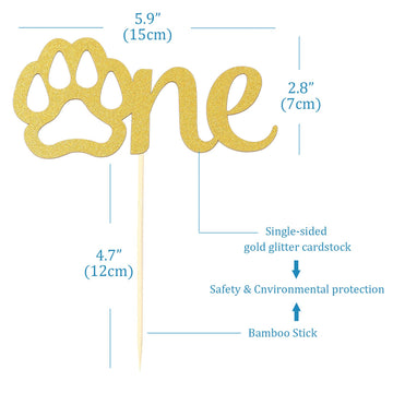 Gold Paw One Cake Topper - Golden Glitter Cardstock 1st Birthday Cake Smash Party Decoration Supplies for Baby, Single Sided Dog
