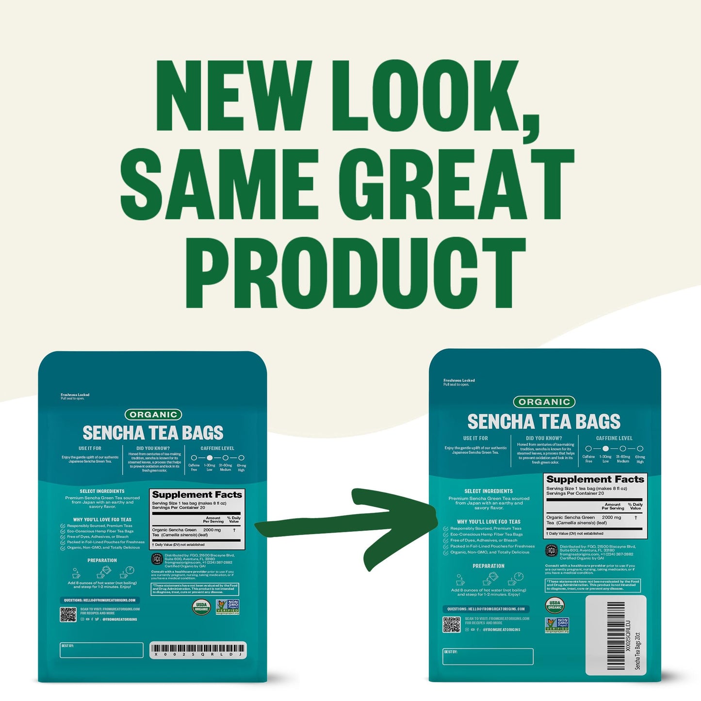 Fgo Organic Japanese Sencha Green Tea, 20 Count, Eco-Conscious Tea Bags, Resealable Bag, Packaging May Vary (Pack Of 1)