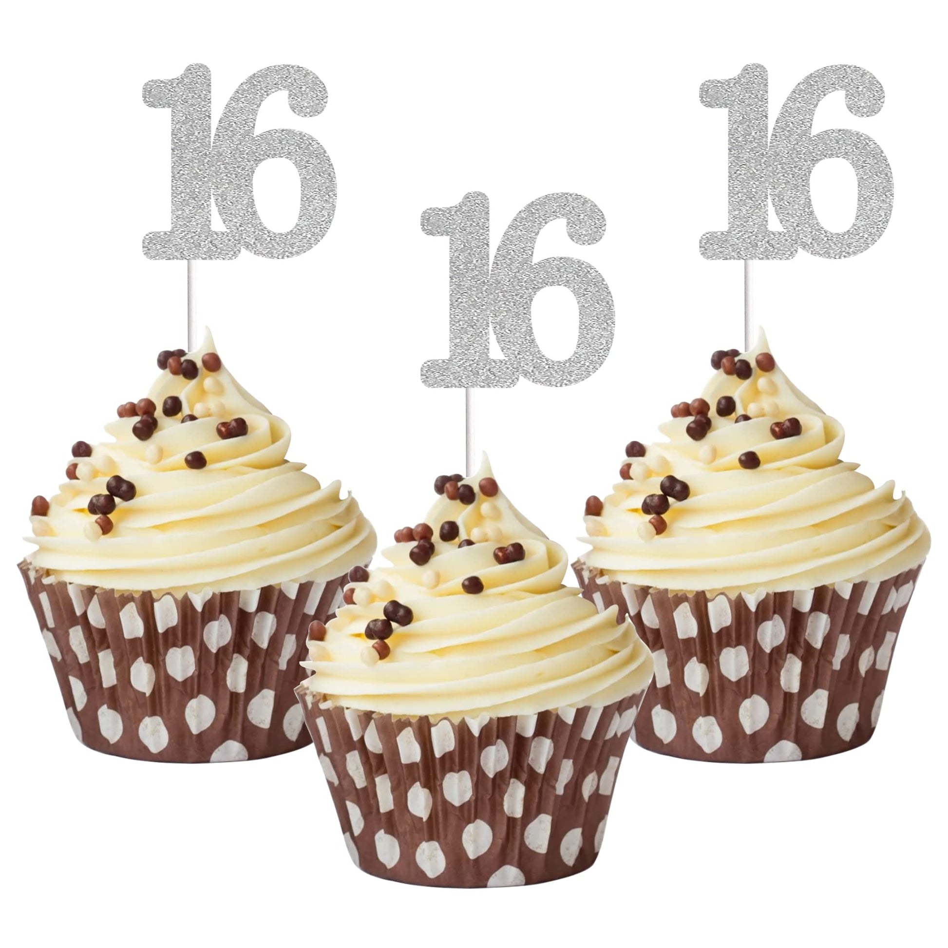 Sumerk 24Pcs Number 16 Cupcake Toppers Silver Glitter 16Th Birthday Cupcake Picks Anniversary Party Decorations