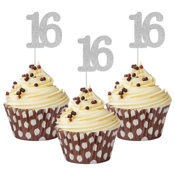 Sumerk 24Pcs Number 16 Cupcake Toppers Silver Glitter 16Th Birthday Cupcake Picks Anniversary Party Decorations