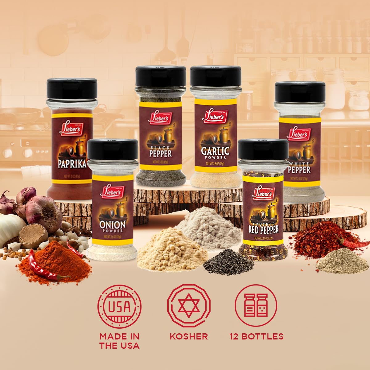 Lieber'S Spice Set, Complete New Home Starter Seasoning Kit, 6 Piece Spices Gift Set Featuring Garlic Powder, Onion Powder, Blac