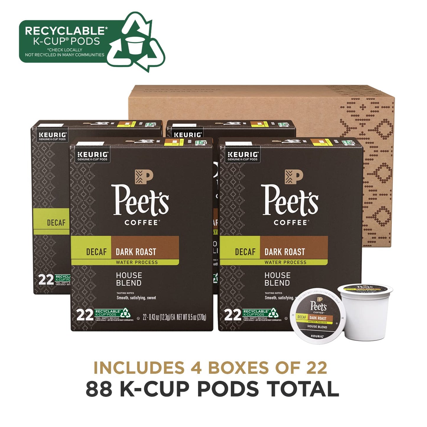 Peets Coffee Dark Roast Decaf K-Cup Pods - 88 Count (4 Boxes of 22 Pods) - Decaf House Blend