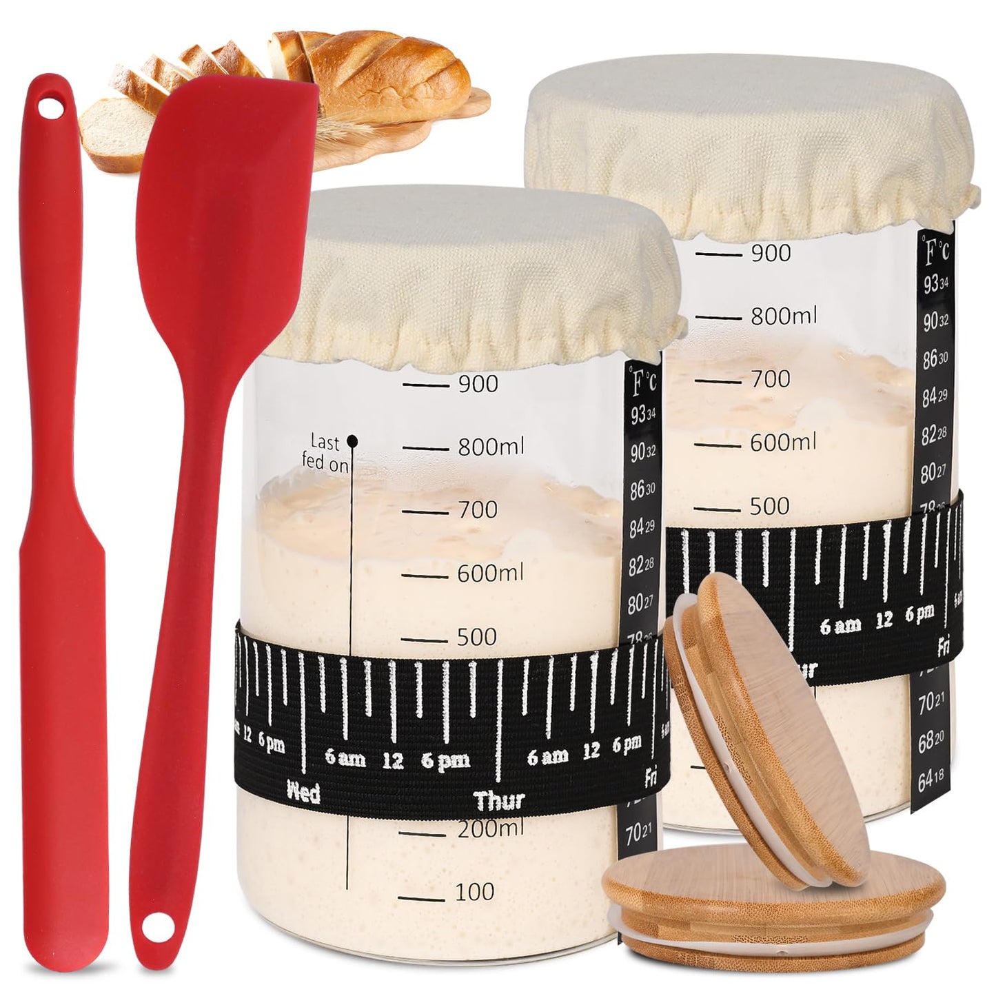 Xileanalee Pro Sourdough Starter Jar Kit 2 Packs-35 Oz Sourdough Bread Starter Jar Kit With Date Marked Feeding Band,Thermometer,Spatula,Cloth Cover& Lid For Sour Dough Bread Loaf (2 Pcs)