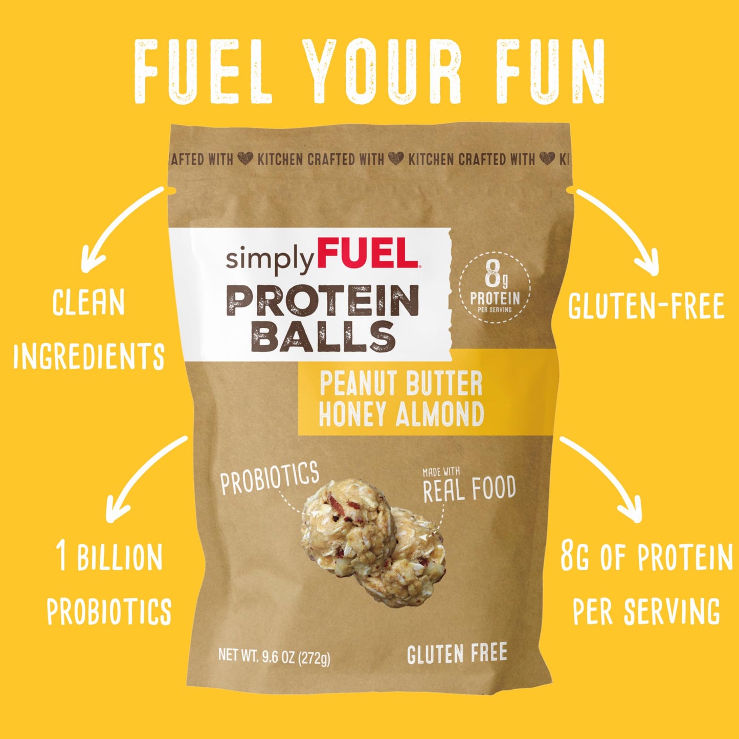 simplyFUEL Whole Food Protein Balls with Probiotics - Peanut Butter Honey Almond Protein Snacks - 8g Protein Snack - Gluten Free