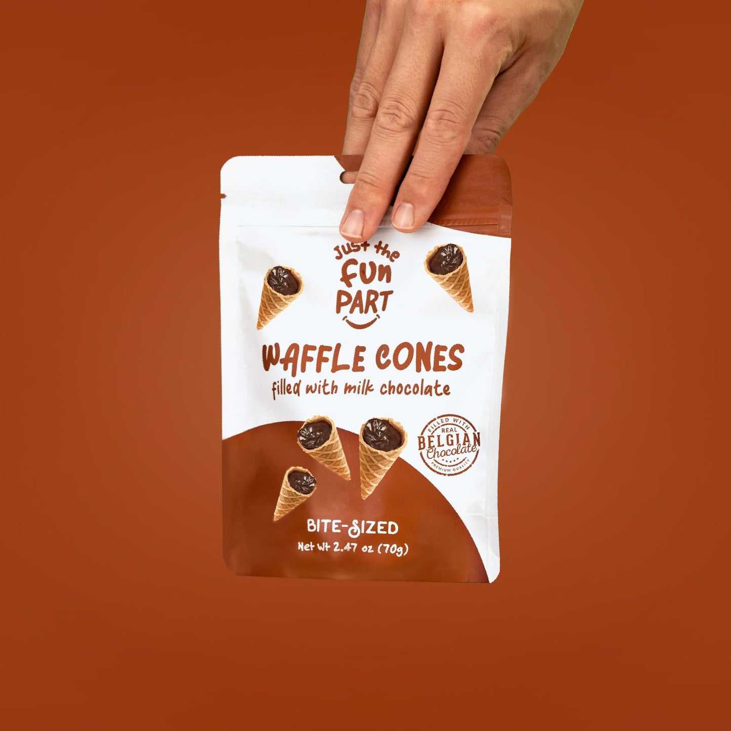 Just The Fun Part, Bite-Size Crispy Mini Waffle Cones With Enhanced Belgian Chocolate, Great For Snacks, Dessert, Grab & Go - Kosher, Milk Chocolate (Pack Of 6)