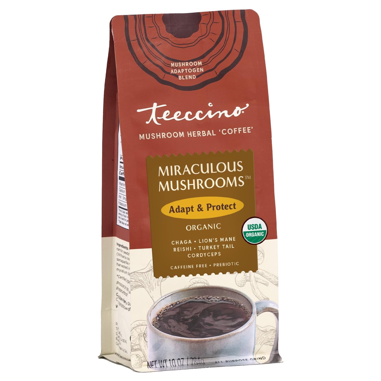 Teeccino Miraculous Mushrooms Adapt & Protect Coffee Alternative  10 Oz - 5 Organic Adaptogenic Mushrooms With Chicory & Cacao  Energy Blend Free  Prebiotic  Acid Free  All-Purpose Grind