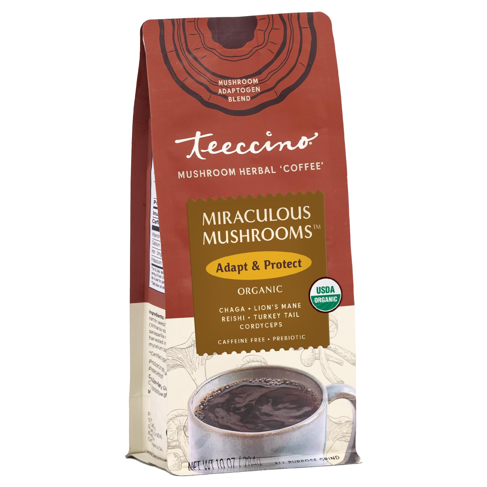 Teeccino Miraculous Mushrooms Adapt & Protect Coffee Alternative  10 Oz - 5 Organic Adaptogenic Mushrooms With Chicory & Cacao  Energy Blend Free  Prebiotic  Acid Free  All-Purpose Grind