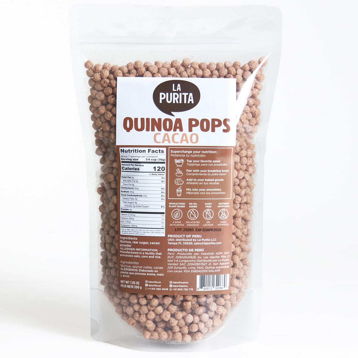La Purita Quinoa Pops, Cacao - Gluten-Free, Sugar-Free, Vegan Superfood, 6.35 oz