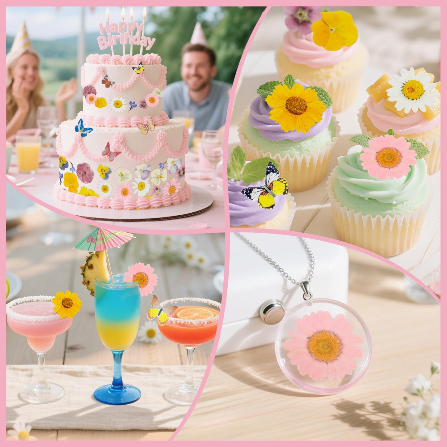 Rylenor 60 PCS Edible Cake Toppers - Dried Pressed Flowers & Wafer Butterflies, 1 inch, Colorful for Weddings & Birthdays