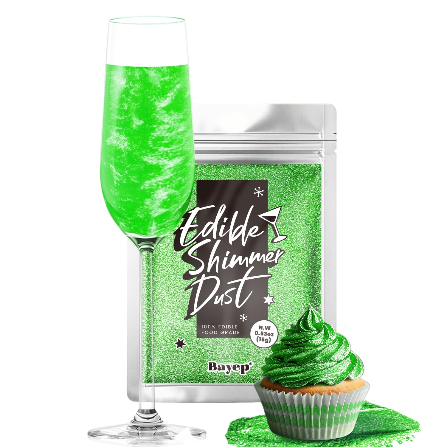 Green Edible Glitter for Cocktails Easter Luster Dust Edible Cake Glitter 15g Food Grade Drinks Shimmer Powdered for Cupcake Fon