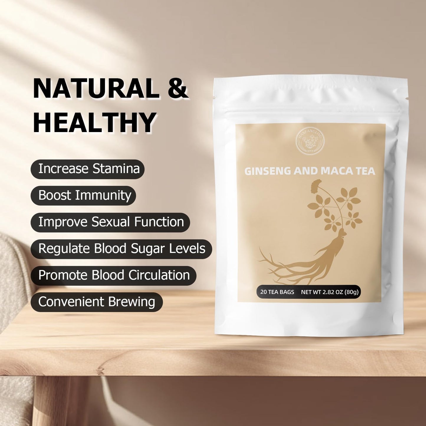 HANFANGLING Ginseng Maca Tea, Caffeine-Free Herbal Tea, 20 Tea Bags, 2.82oz