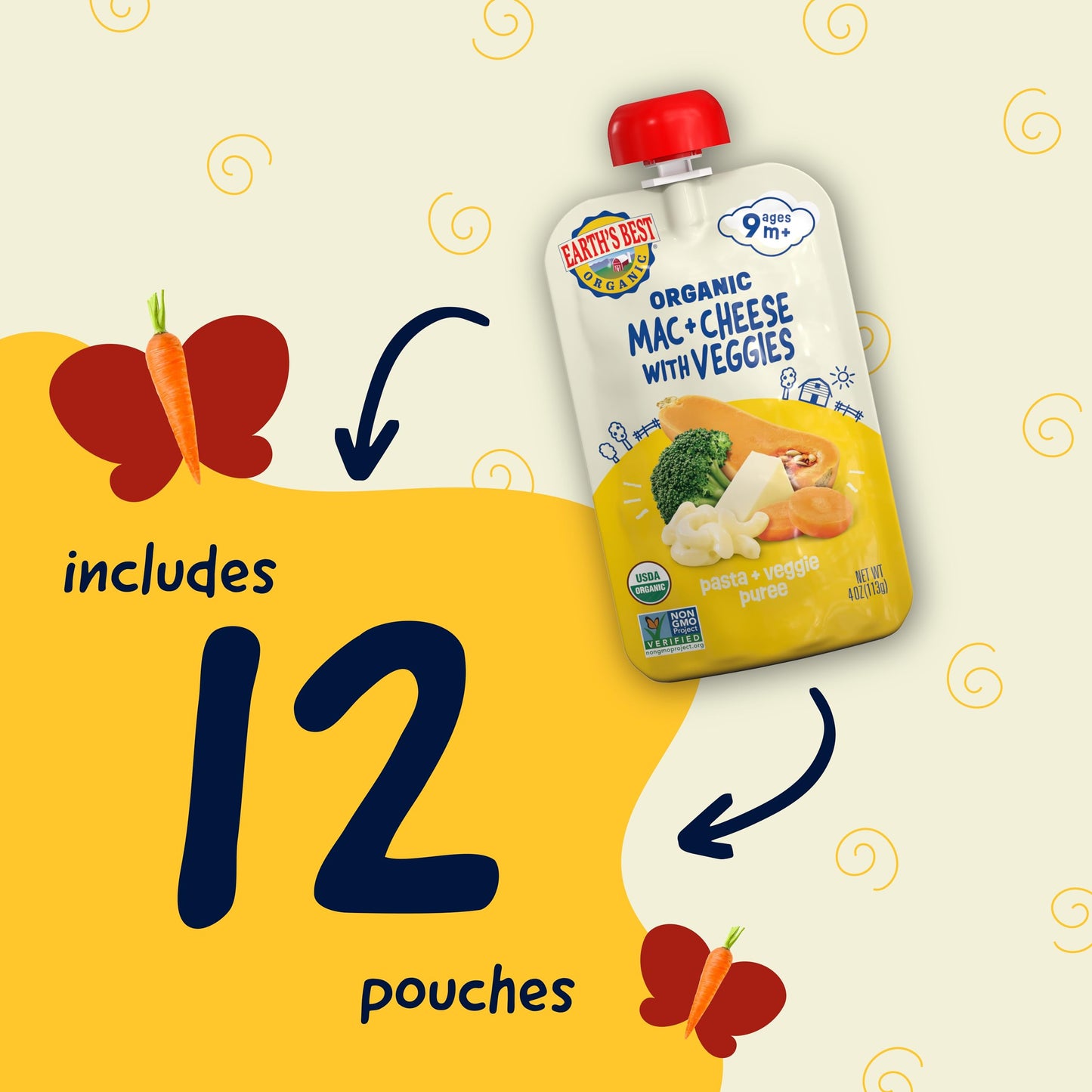 Earth'S Best Pasta + Veggie Puree Organic Mac + Cheese With Veggies 4Oz Pouch (Pack Of 12)