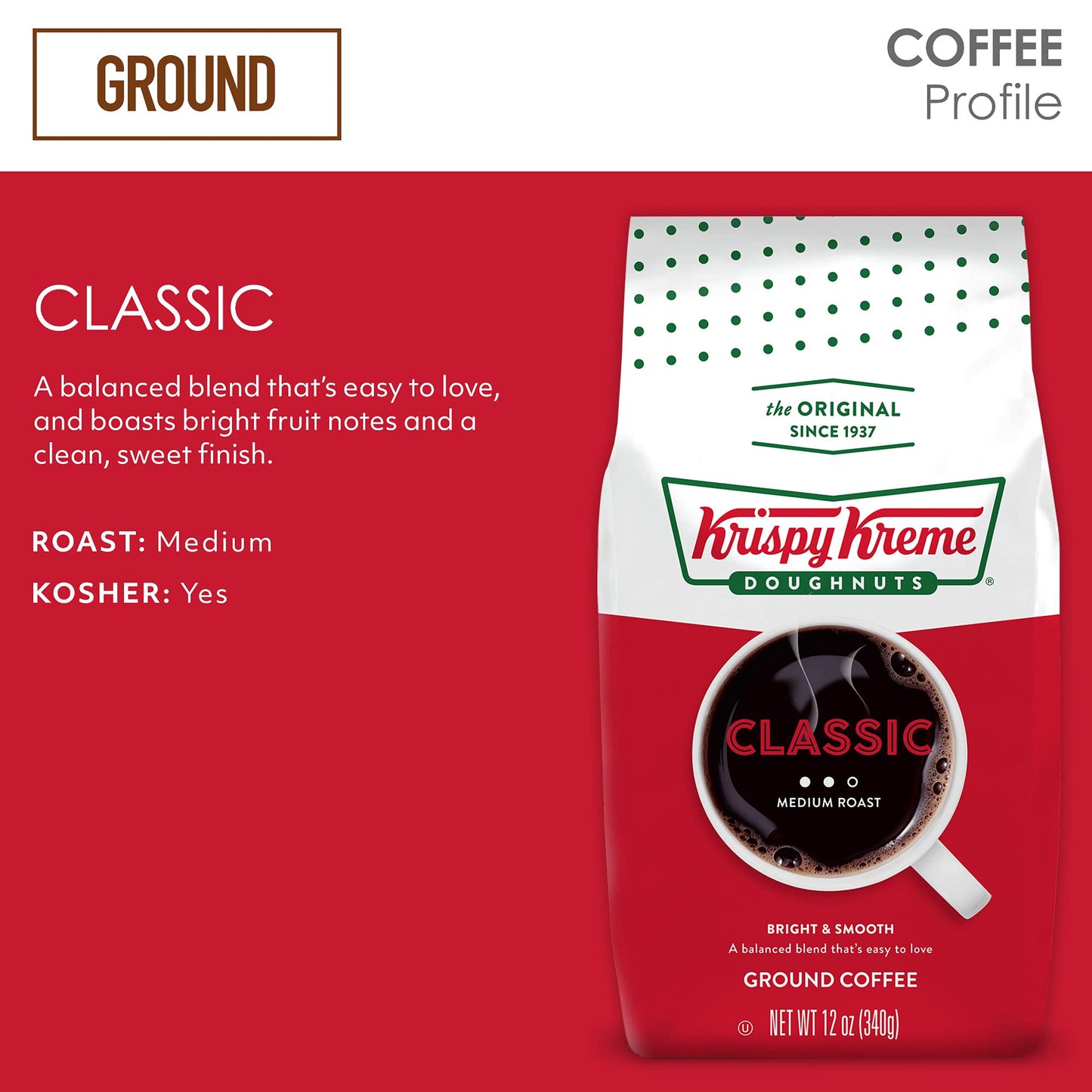 Krispy Kreme Doughnuts, Classic, Ground Coffee, Medium Roast, Bagged 12Oz