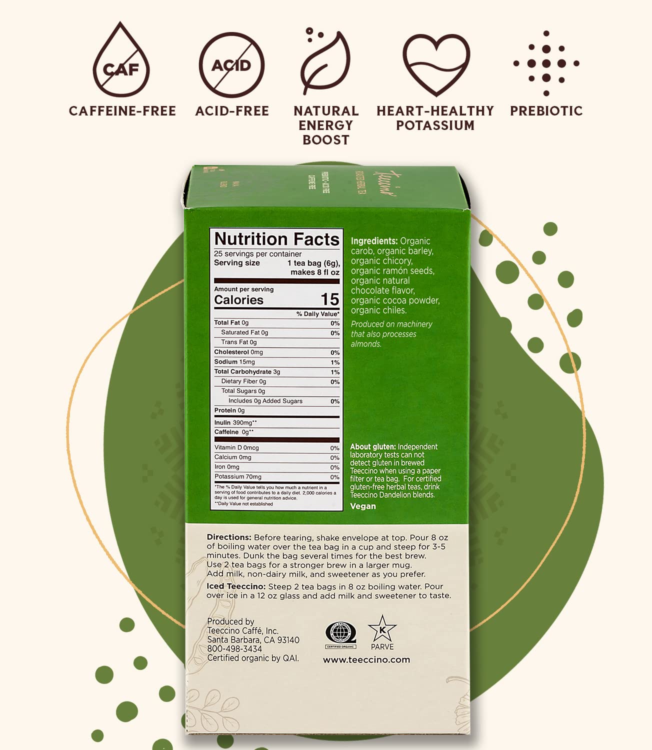 Teeccino Herbal Tea - Mexican Chocolate, Caffeine-Free, Prebiotic, 25 Tea Bags, 25 Count