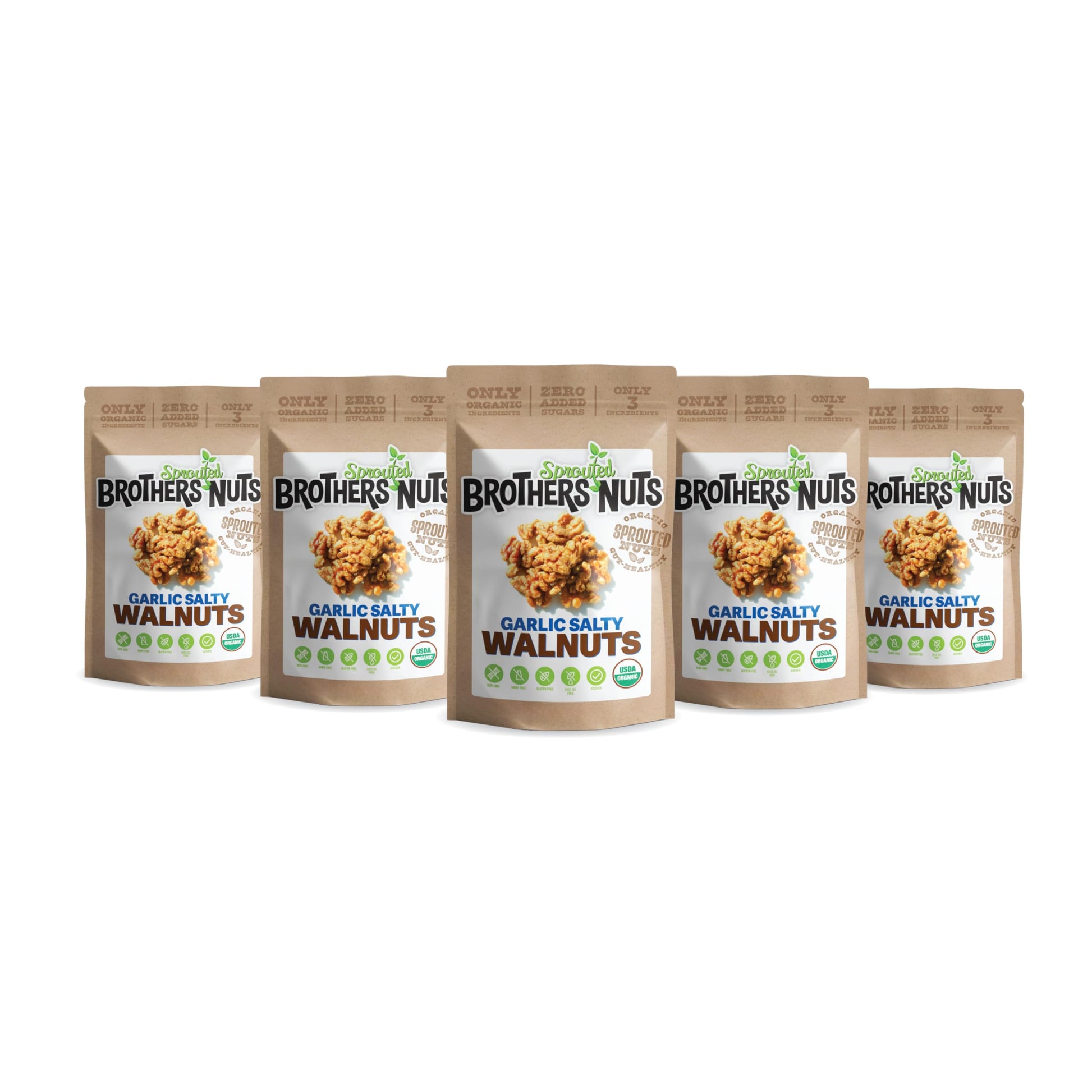 Brothers Sprouted Nuts Garlic Salty Walnuts, Organic, Vegan, Gluten-Free, 2 oz (Pack of 5)