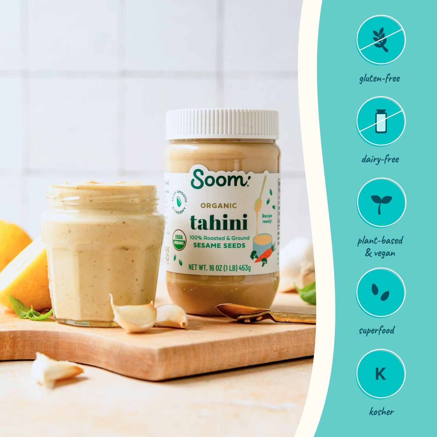 Soom Foods Organic Tahini 16oz (2 Pack) | Roasted & Ground Sesame Seed Paste | Creamy Texture for Hummus, Sauces, Dips, Salad Dr