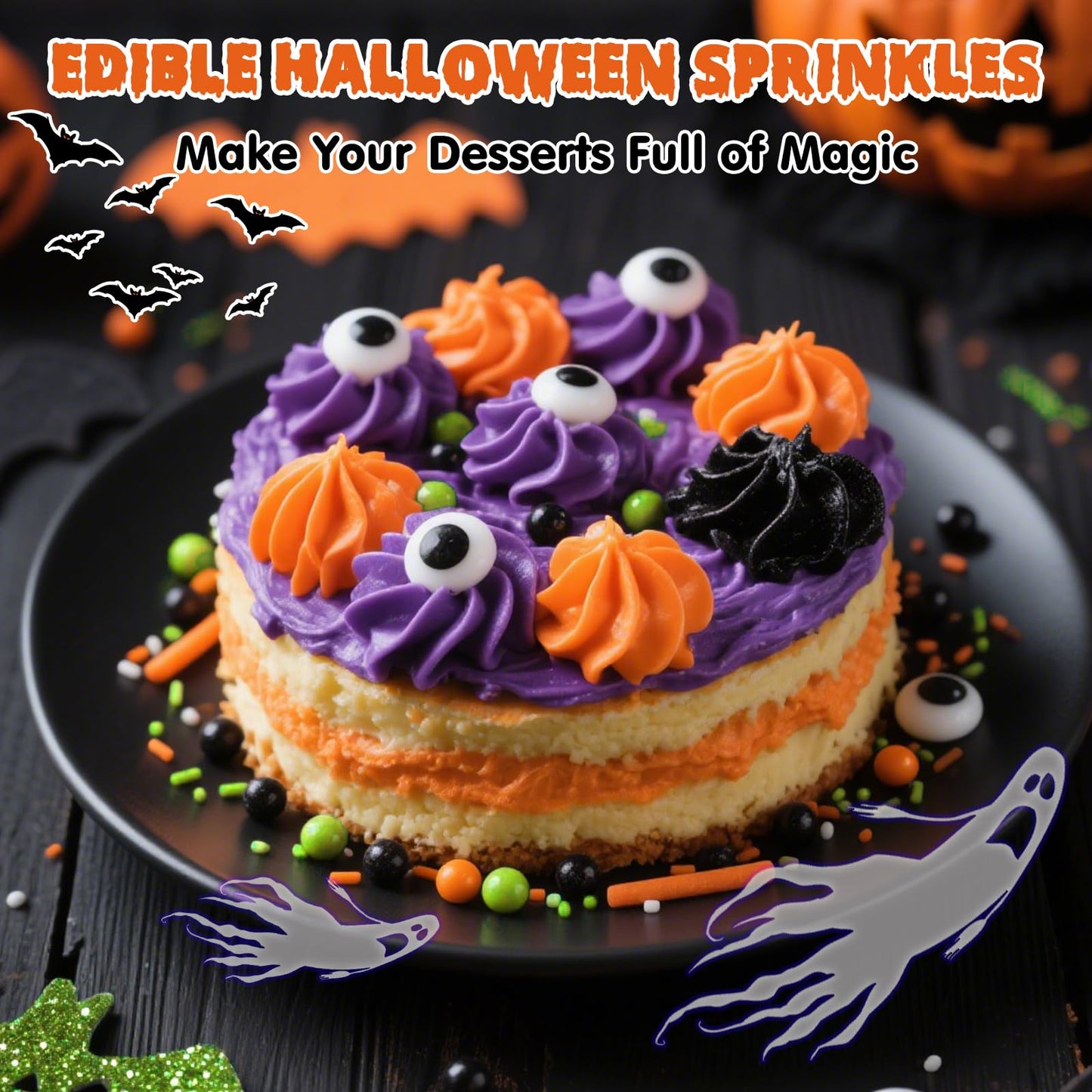 Edible Halloween Sprinkles,Black White Eyes Purple Green Orange and Black Pearls and Jimmies Mixed,130g/4.58ounce,Monster Sprink