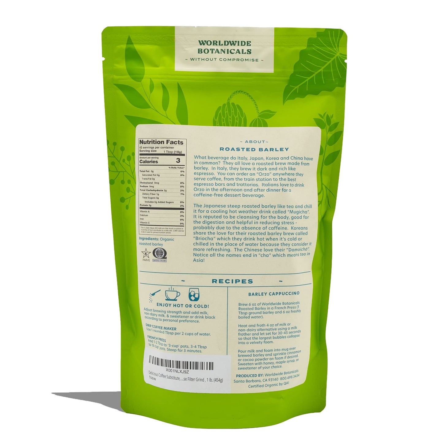 Worldwide Botanicals Organic Barley Dark Roast Coffee Alternative, 1 lb, Gluten Free, Acid Free, Ground