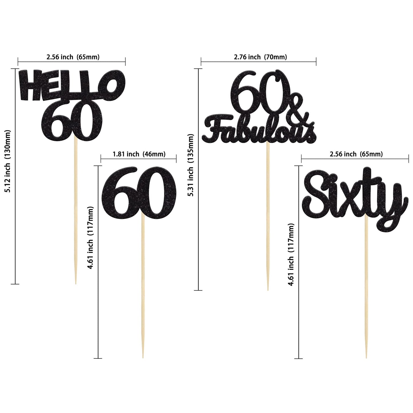Gyufise 24Pcs Black Glitter 60th Birthday Cupcake Toppers Hello 60 Sixty Cake Toppers 60 & fabulous Cupcake Picks 60th Birthday