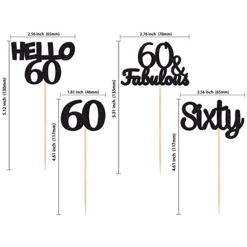 Gyufise 24Pcs Black Glitter 60th Birthday Cupcake Toppers Hello 60 Sixty Cake Toppers 60 & fabulous Cupcake Picks 60th Birthday