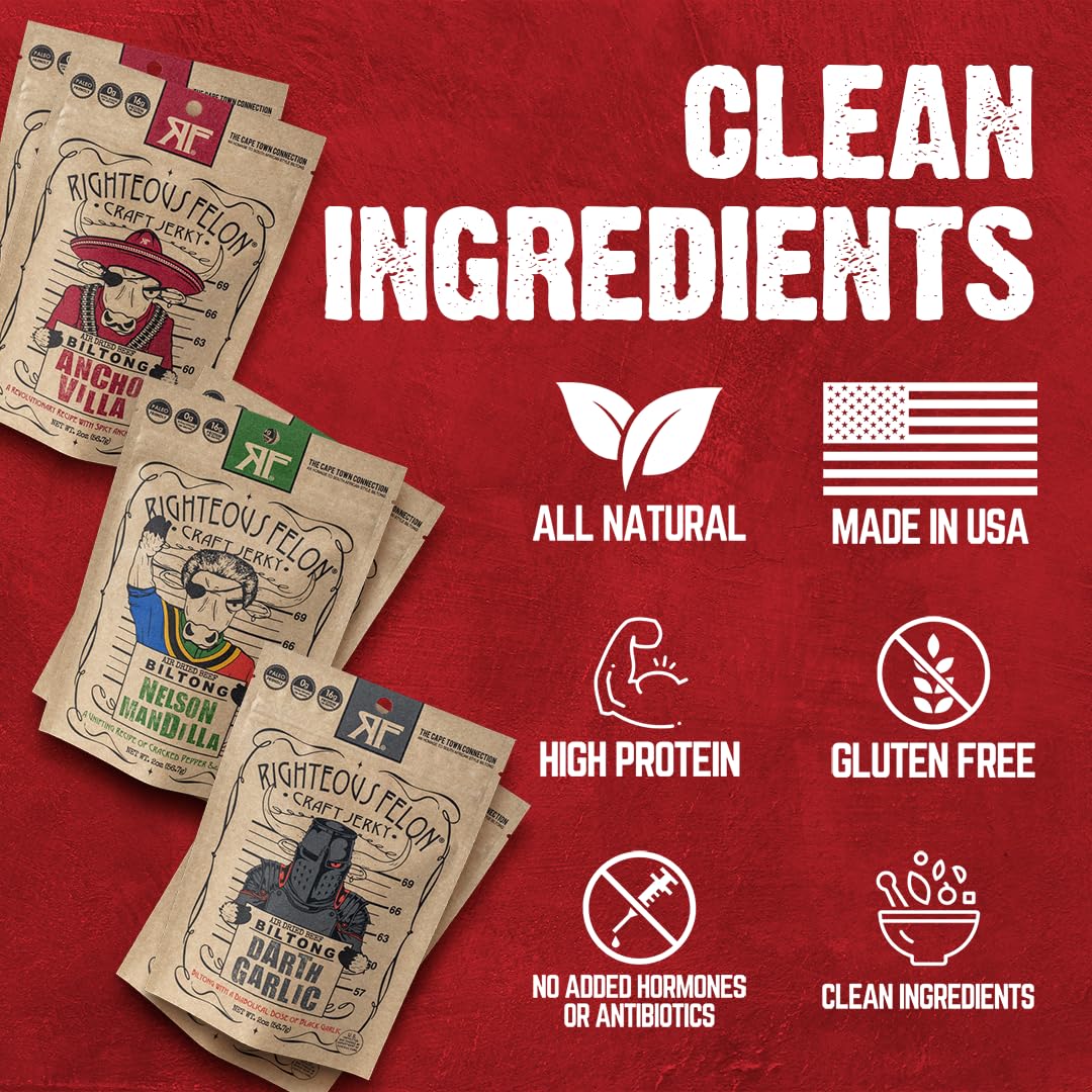 Righteous Felon Biltong Beef Jerky Variety Pack | South African Biltong Snack Packs For Mature-Themeds | High Protein, Keto-Friendly, Low Sugar | Made With Enhanced Meats | Beef Jerky Gifts For Men | 6 Pack