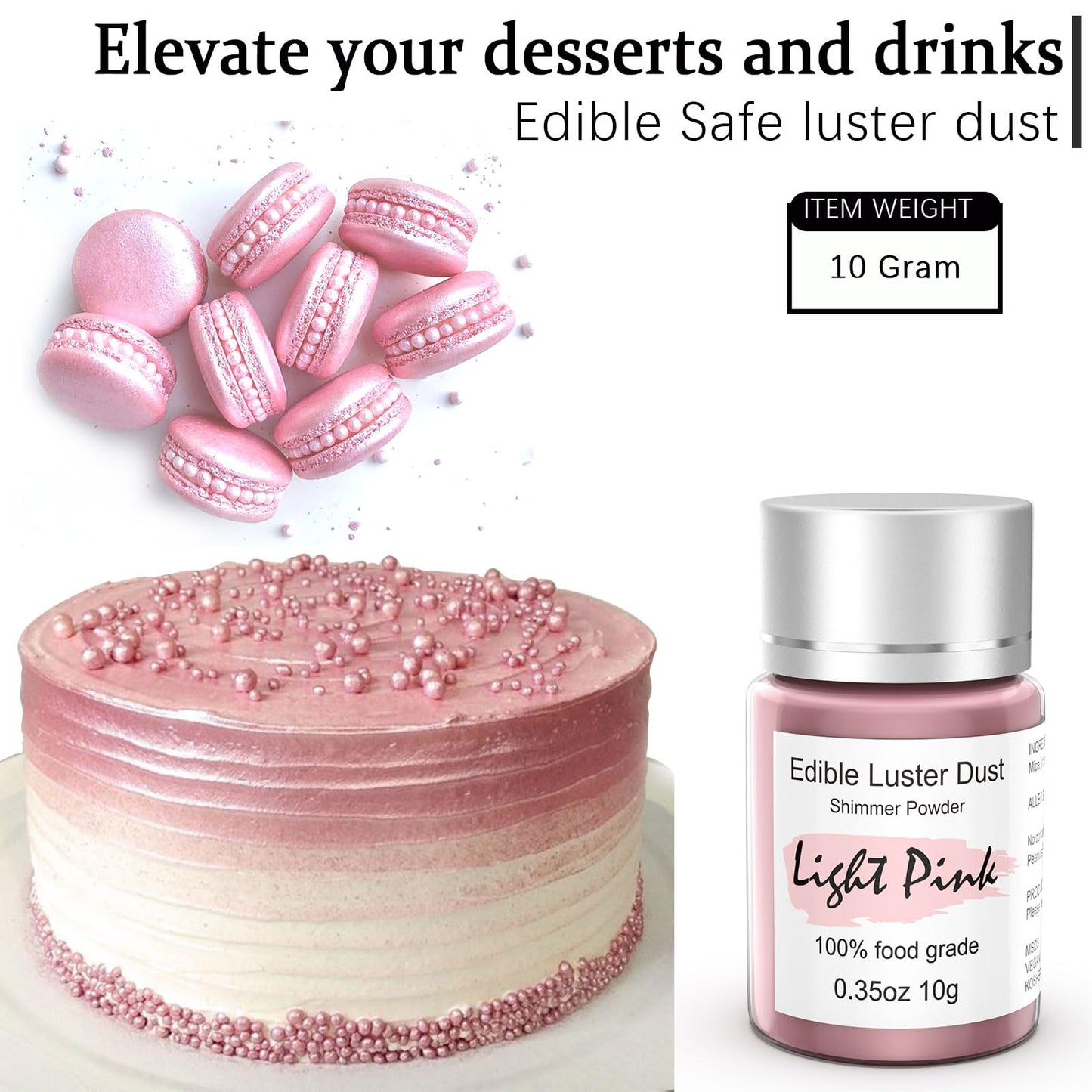 Edible Pink Luster Dust For Cake Decorating - 0.35Oz Colaele Gold Shimmering Edible Glitter Dust For Chocolates, Metallic Food C