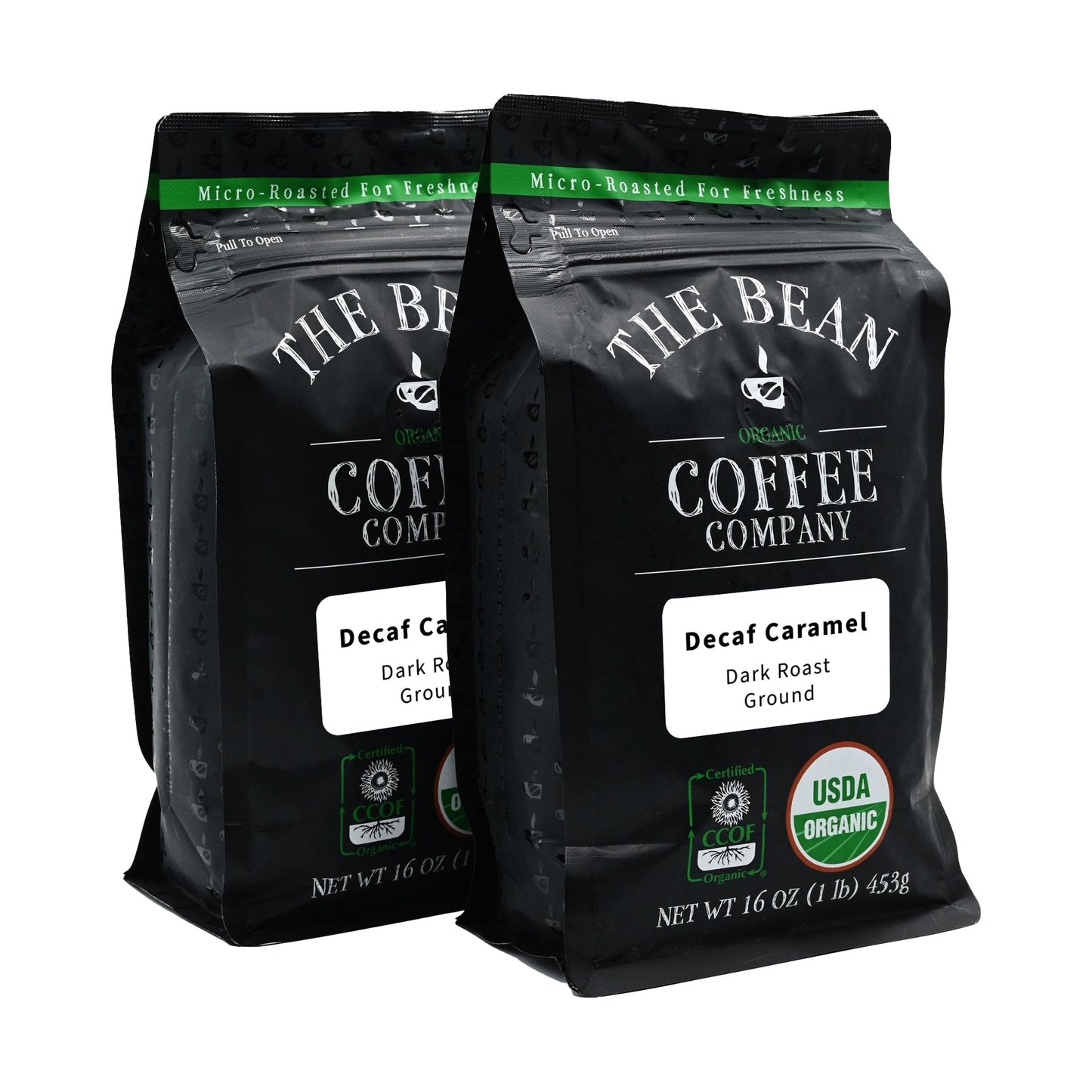 The Bean Organic Coffee Company Water Processed DECAF Caramel, Medium Roast, Ground Coffee, 16-Ounce Bags (Pack of 2), Caf   Mol