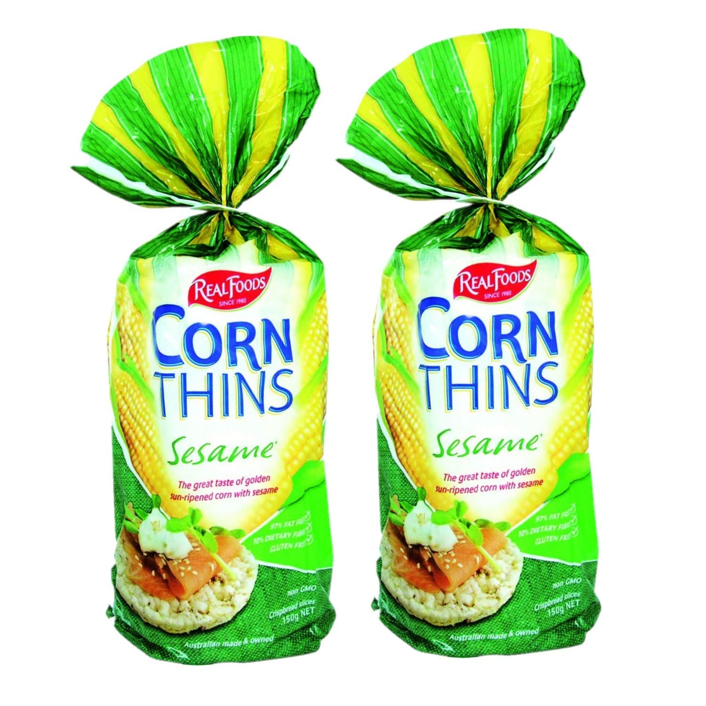 Real Foods Organic Sesame Corn Thins, 5.3oz Pack of 2, USDA Organic Snack