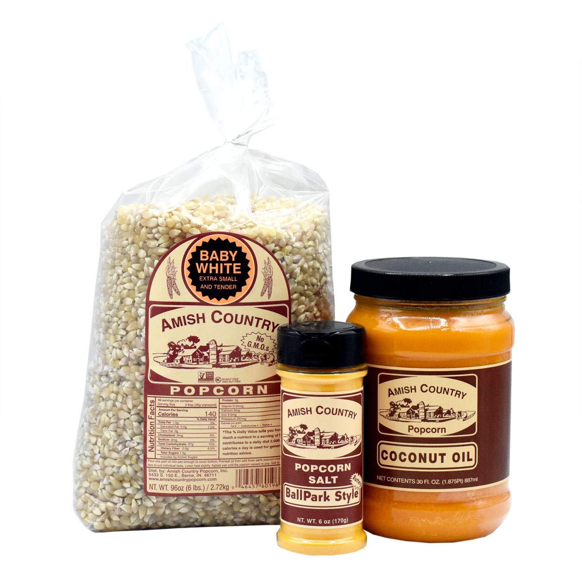 Amish Country Popcorn | 6 Lb Baby White, 30 Oz Cocounut Oil, 6 Oz Buttersalt Bundle | Old Fashioned, Non-Gmo And Gluten Free (Va