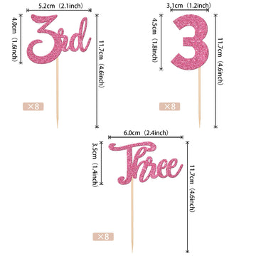 24 Pcs Three Cupcake Toppers Glitter 3Rd Birthday Cupcake Picks Number 3 Three Cake Picks For Baby Shower Kids 3Rd Birthday Anni