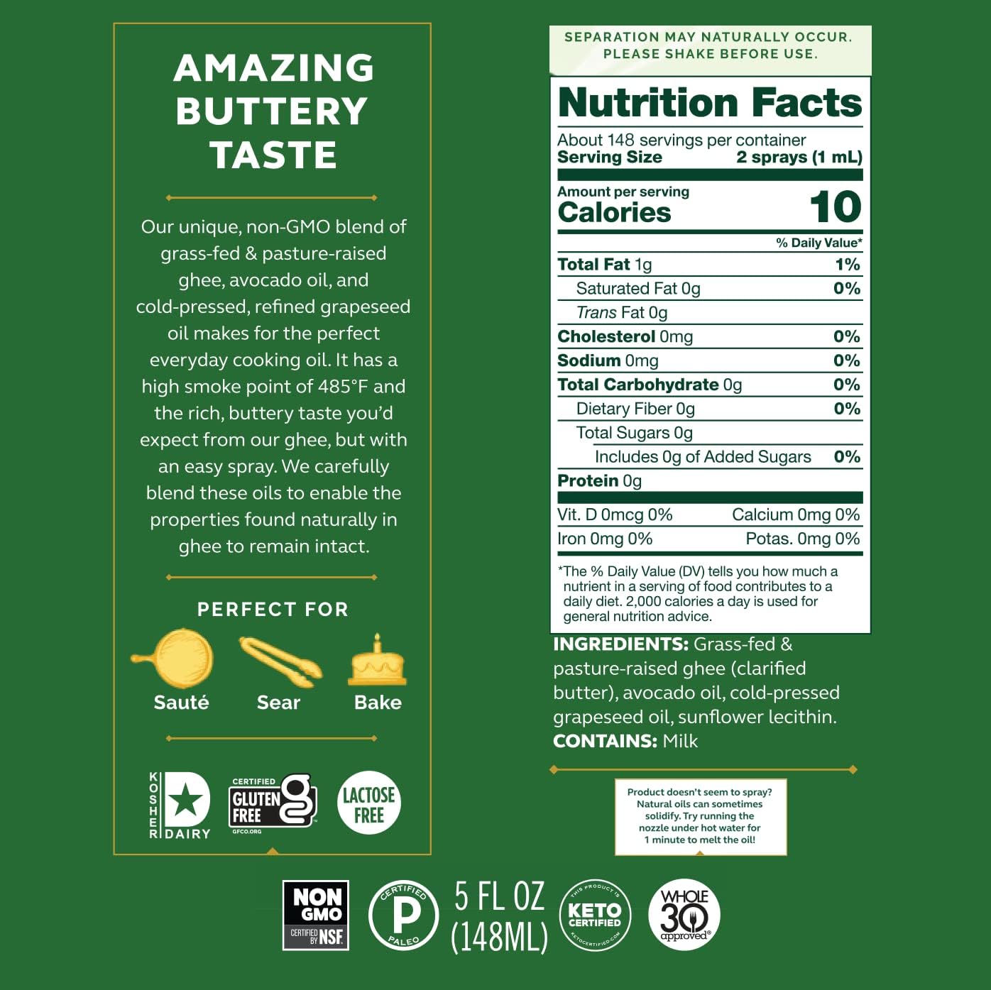 4th & Heart Original Ghee Oil Non-Stick Cooking Spray, Made with Grass-Fed, Pasture-Raised Ghee, Keto, Lactose-Free, Certified P